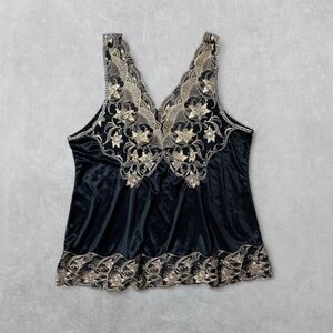 Women's Small Whimsygoth Black Satin Lingerie Top with Gold Lace Trim